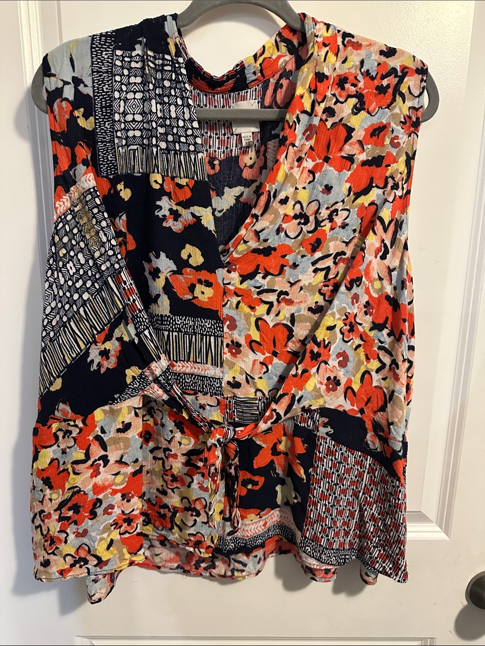 NIC+ZOE Orange Multi Floral Patchwork Tie-Front Sleeveless Blouse